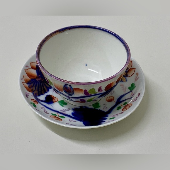19th Century Antique Gaudy Welsh Grape Pattern Miniature Handleless Cup & Saucer - Picture 7 of 16